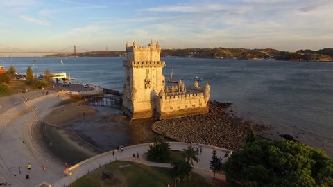 Lisbon, Portugal, aerial view of Belem Tower (Torre de Belem) by the Tagus river at sunset.
