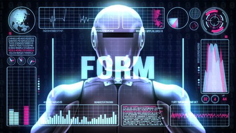 Robot includes a futuristic user interface with the word form. 3d animation rendering