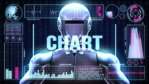 Robot includes a futuristic user interface with the word chart. 3d animation rendering