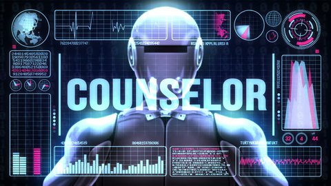 Robot includes a futuristic user interface with the word counselor. 3d animation rendering
