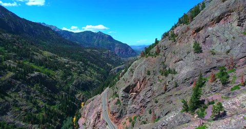 Million Dollar Highway Aerial View With Cars Driving Below - Colorado, USA