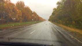 cars go on travel the road asphalt. autumn beautiful view forest, raindrops on the glass car blurred background slow motion video