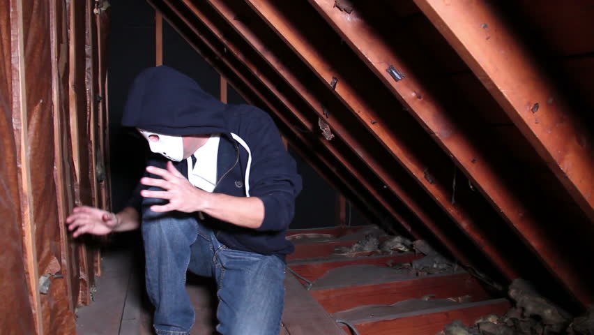 A crazy masked killer is trapped in an attic crawlspace.