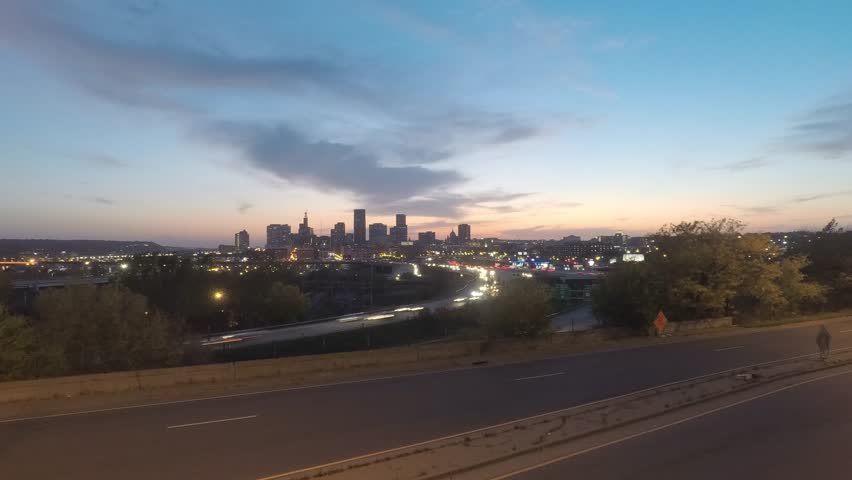 Wide Angle Zoom HD Timelapse of St. Paul Highway Traffic and Autumn Twilight