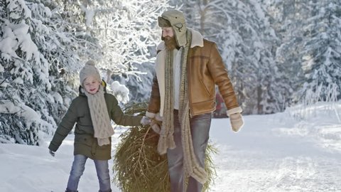 Chatting little boy and father in warm clothes carrying cut Christmas tree through snowy white forest on nice winter day