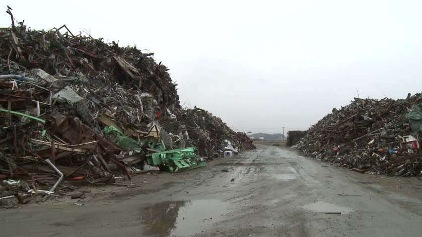 Massive piles of tsunami debris piled high in Rikuzentakata, Japan