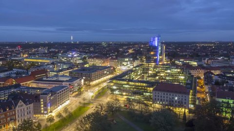 Hannover cityscape at evening. Timelapse.
