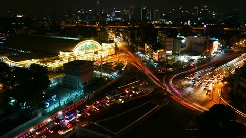 Bangkok, Thailand - October 23th , 2017: 4K Timelapse Bangkok train station known as "Hualampong" cityscape with vehicle light trails in the night