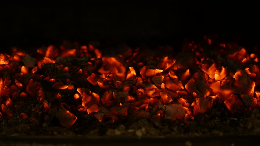 View of smoldering charcoal in a fireplace, Closeup, 4k footage Royalty-Free Stock Footage #32326579