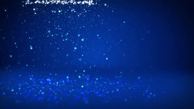Blue Christmas tree from glow shiny particles on the left in wide angle shoot. Winter theme for Xmas background with copy space. 3d Xmas tree V6 with glitter particles DOF