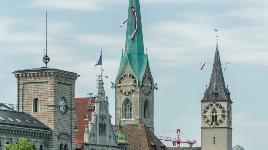 Zurich, Old, historic center. The Fraumunster and the St. Peter church clock towers.