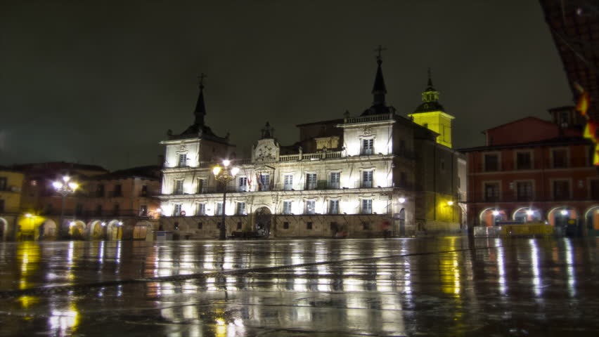 LEON, SPAIN - CIRCA 2012: Night time lapse of Main Square with its tradicional