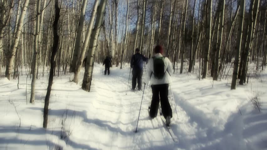 a group cross country skiing across the snow