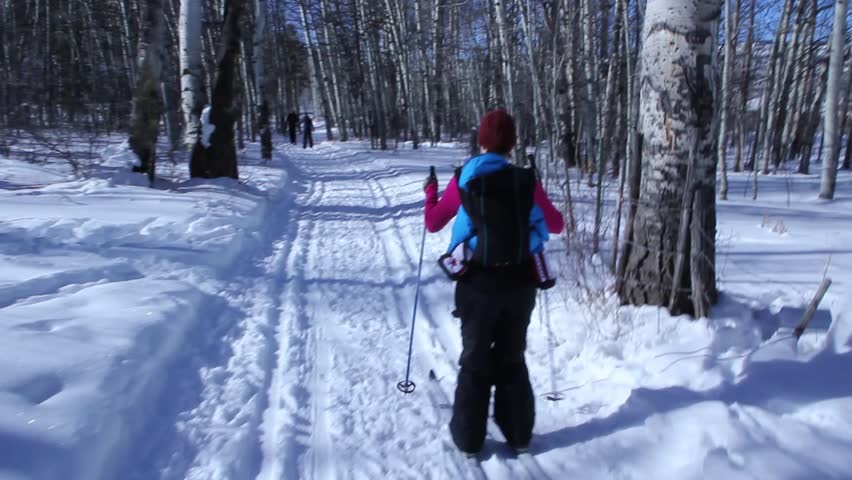 a woman and baby cross country skiing across the snow