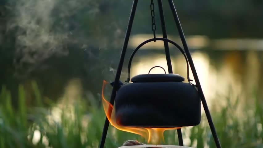 Boiling kettle on the fire outdoor slow motion Royalty-Free Stock Footage #32358274