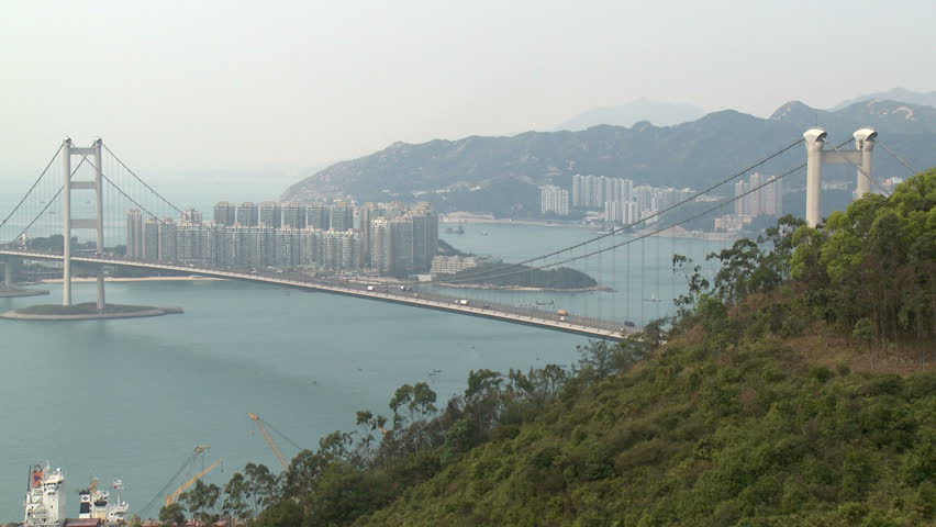 Tsingma suspension bridge in Hong Kong linking Tsingyi with Lantau island. Shot