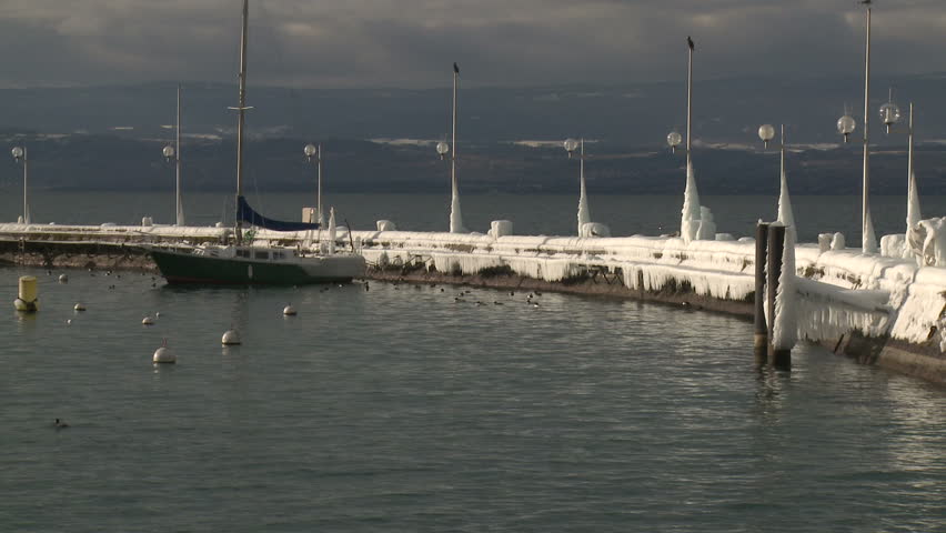 Extreme Ice On Shore Of Lake Geneva. Thick ice coats the shore of Lake Geneva
