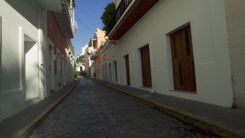 Great shot of cobblestone streets and colorful houses in Old San Juan, PR