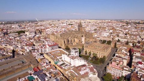 Aerial view of Seville cityscape including the cathedral and Torre del Oro in Sevilla, Andalusia, Spain.