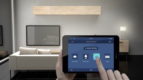 Touching IoT smart pad, tablet application, Living room TV, Light bulb, Blind energy saving efficiency control, Smart home appliances,  internet of things.