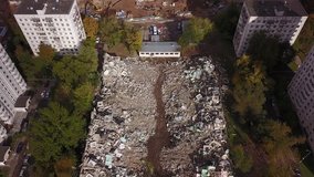 4K aerial high quality aerial video of Moscow residential area, renovations program activities, houses demolition and view of high rise Kuncevo apartments in Russia on quiet autumn September afternoon