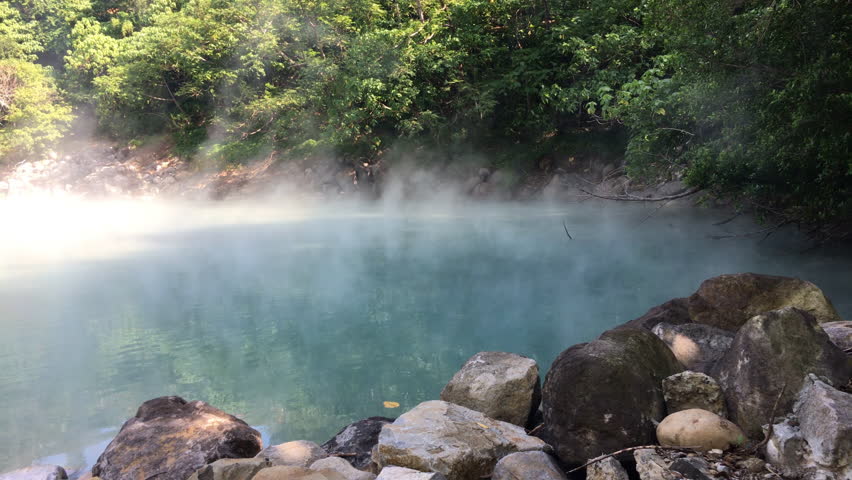 Panning shot from right to left on jade colored at Xin Beitou Hot Springs, Taiwan