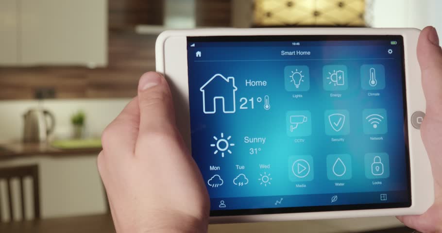 Monitoring power usage in the house using app on the digital tablet Royalty-Free Stock Footage #32400745