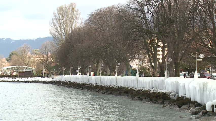 Extreme Ice Coats Shore Of Lake Geneva. Thick ice coats the shore of Lake Geneva