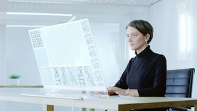 in the Near Future Female Scientist Works on Sequencing Human Genome. Screen Shows Strings of DNA and Running Code Line. Shot on RED EPIC-W 8K Helium Cinema Camera. - Powered by Shutterstock - Get 15% off with code: PIKWIZARD15