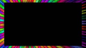 Animated video frame with rainbow colorful rays on black background. Psychedelic significant border.
