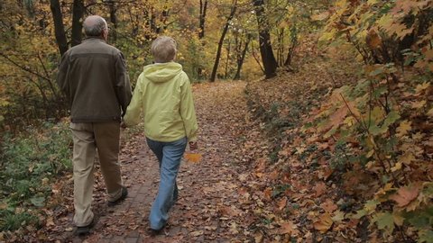 Senior couple enjoys romantic walk in autumn park