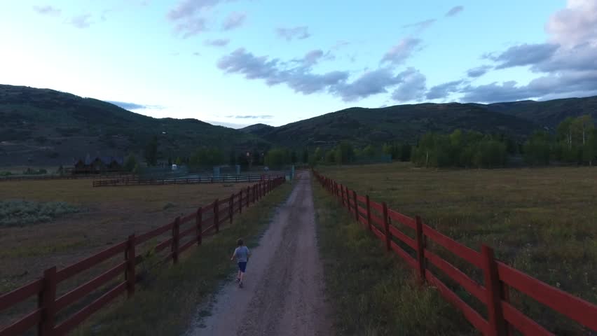 A wooden fence on either side a young boy running down the middle as fast as his little legs can go.