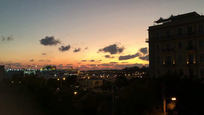4k video. Heraklion. Sea port at sunrise