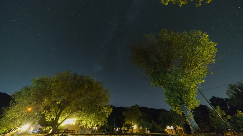Night motion timelapse of trees , milky way and stars at Lake Henshaw, Santa Ysabel, California, United States
