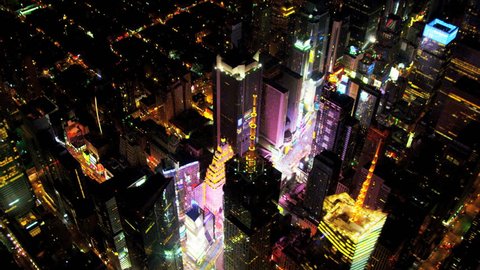 Aerial view of Times Square and Broadway illuminated at night, Manhattan, New York
