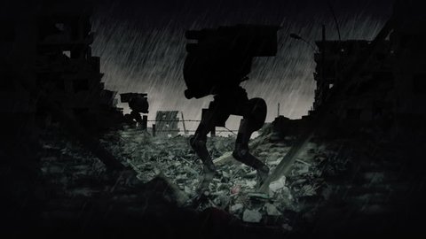Danger zone sign animation. Post apocalyptic scene with military robots