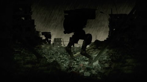 Skull and crossbones sign animation. Post apocalyptic scene with military robots