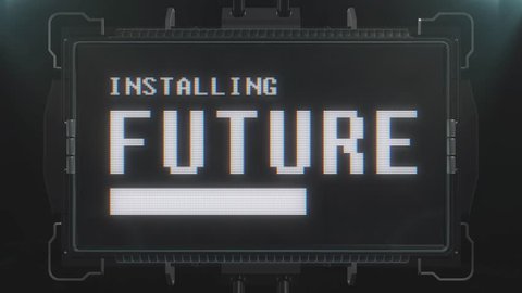 retro videogame installing future text words on futuristic tv glitch interference screen animation seamless loop New quality universal vintage techno motion dynamic background colorful joyful  video