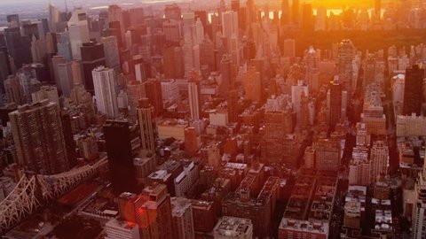 Aerial view at sunset of Central Park, Upper East and West Side Manhattan and Midtown Manhattan, New York, USA