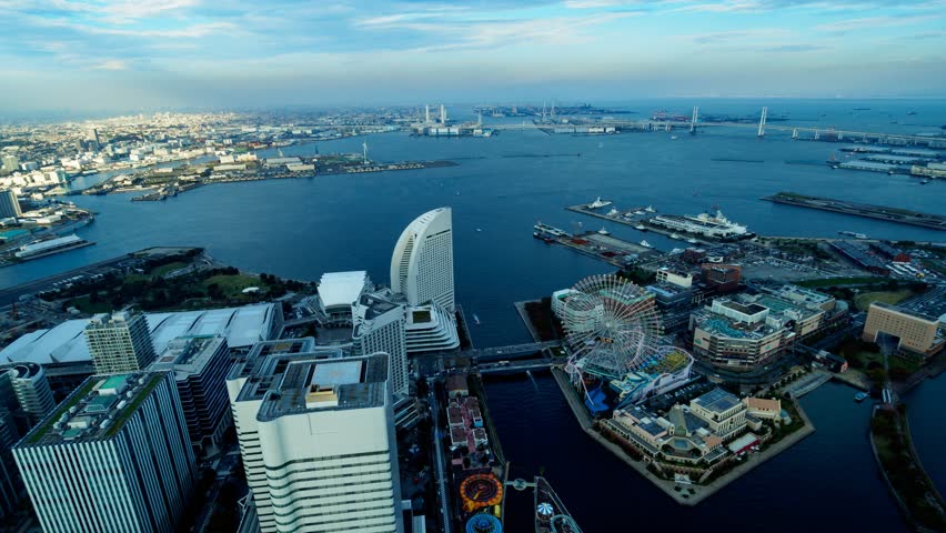 Time lapse video of Yokohama Minato Mirai bay area at before sunset