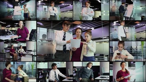 Collage with man, woman,young boy and girl at different work places in modern office