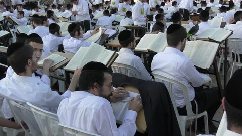 Yeshiva students studying the Torah and Talmud outside military Prison 6, protesting after their friends were arrested for failing to report to military authorities, Atlit Israel, October 25, 2017