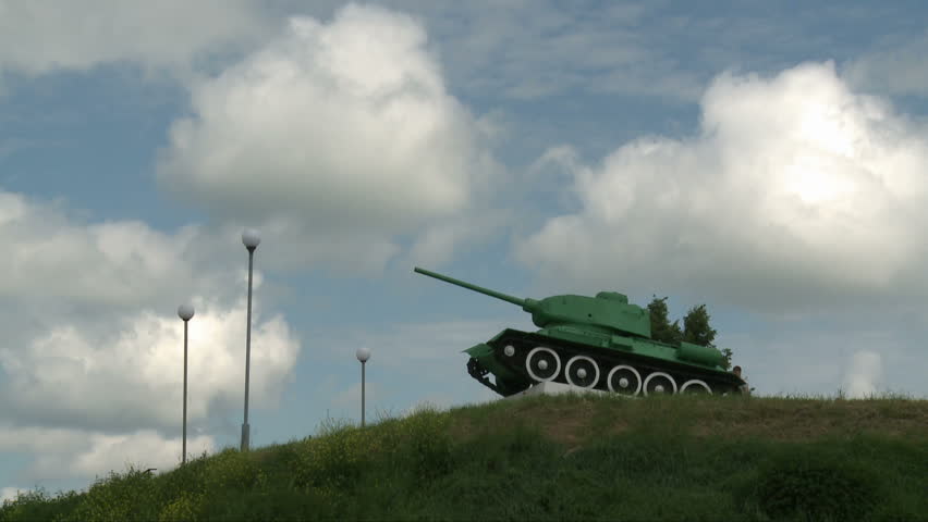 War tank monument in summer city park view
