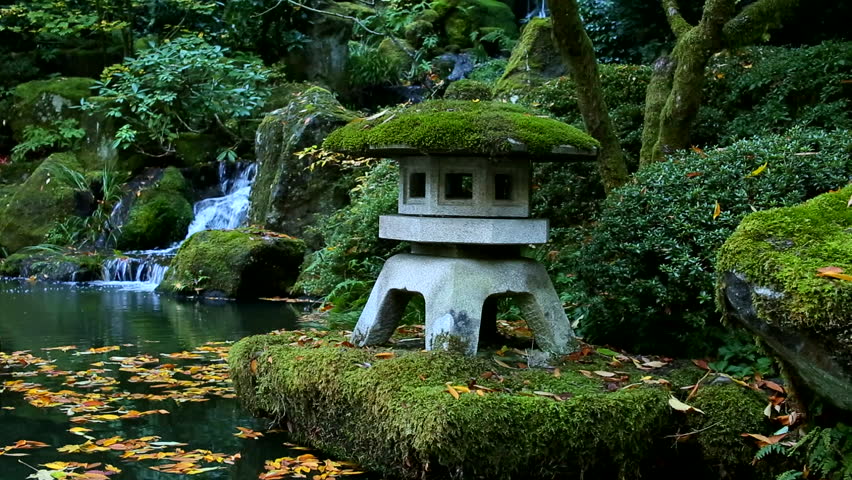 Beautiful Autumn view of Waterfall in Japanese Garden in Portland Oregon USA