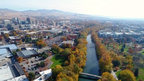 Beautiful view of a river in fall and the Boise Idaho skyline