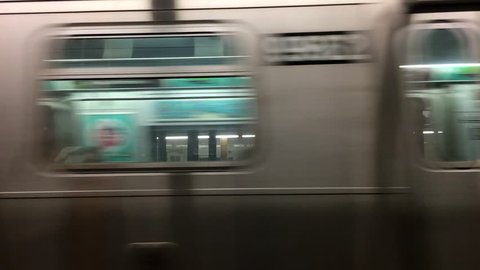 NEW YORK CITY, USA - September 20, 2017- Subway wagon train leaving station. Subway train moving forward