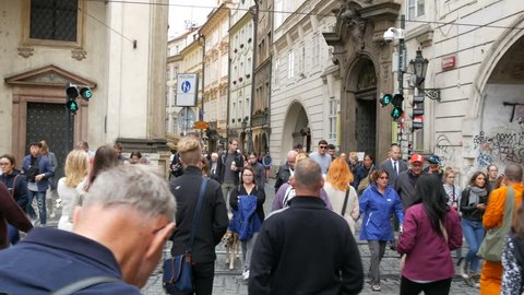 September 12, 2017 - Prague, Czech Republic: crowd of people strolling through the city's shopping streets.Street filled with a very busy anonymous crowd
