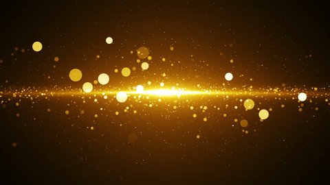 Golden dust coming to camera. Abstract background with seamless loop. Light in center with particles.
