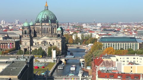 Skyline of Berlin - Time Lapse Video. Berliner Dom with Spree.