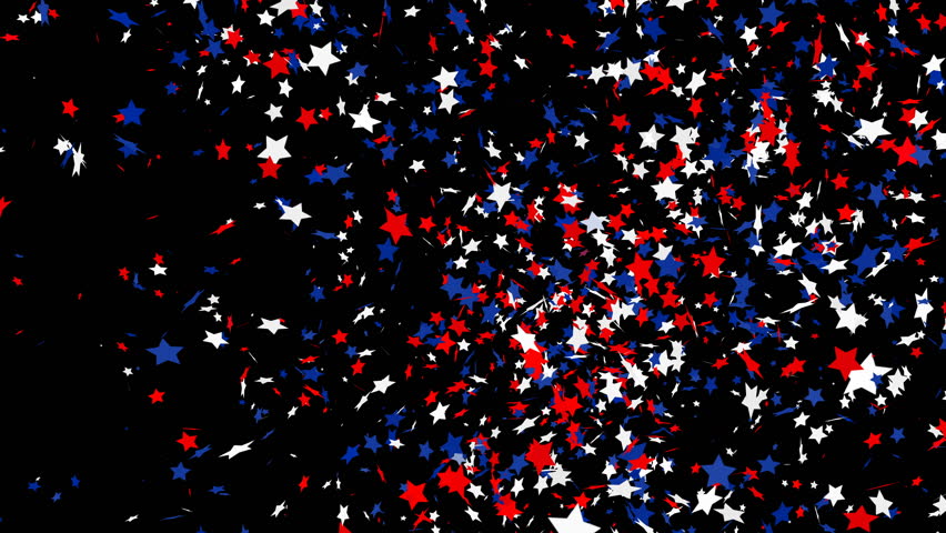 Confetti shots. Red, blue and white confetti stars falling on a black background with alpha matte
